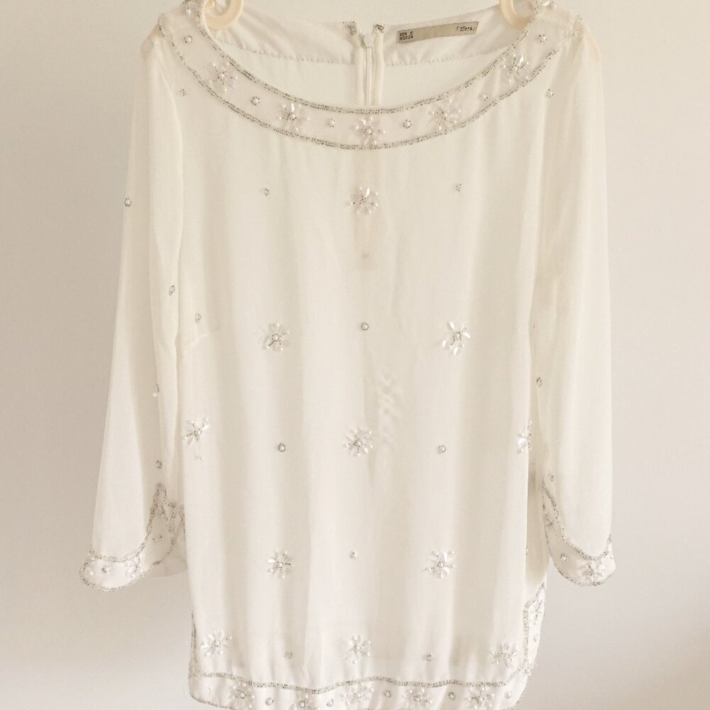 Sfera Elegant Beaded Off-white Chic Blouse - Size S
